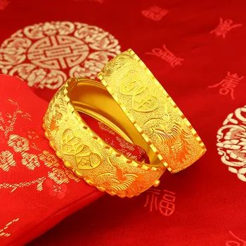  24 До Жълто Злато Покритие Нарязани на Дракон, Феникс Гривна за жени Сватбена Гривна Гривни Сватба Бижута Златни Подаръци