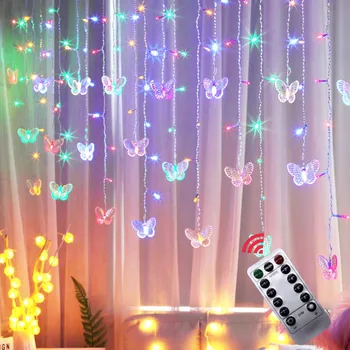 3 М Бътерфлай LED Венец Завеса Светлини Фея Ред Дистанционното USB Коледна Лампа Празнична Украса за Дома Прозореца на Спалнята