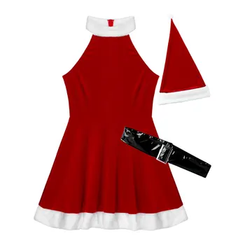  TiaoBug Женски Коледно червено меко бархатное рокля с шапка и колан, Комплект за възрастни, Cosplay, Коледно парти, Фестивал, костюм на Дядо Коледа
