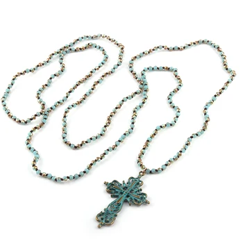  Модни Богемные Племенни Бижута от 4 мм Мини синьо-зелено Стъкло с възел на Кръст Висулка Колие За жени Колиета от Лариата