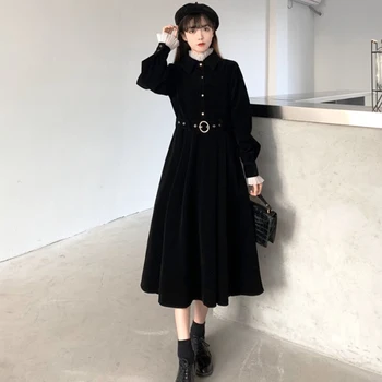  Ретро с регулируема талия за отслабване Елегантна малка черна рокля за жените на средна дължина Есенно-зимния рокля с дълъг ръкав За жени 2020 Ново