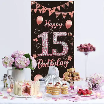  15 - та годишнина на Декорация за врата банери - Rose gold 15-ия рожден Ден на Фона на вратата, на капачката на 15-ия ден от раждането, Можете да персонализирате безплатно