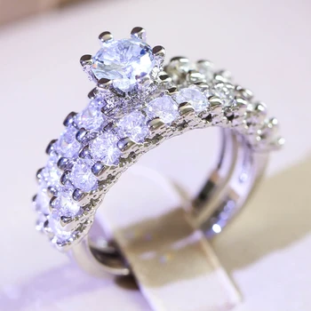  2 бр./компл. Класически дизайн със сребърно покритие Бели пръстени от камък ЧЕХИЯ за жени, за Сватба парти Обручальная двойка Кристалното пръстен Бижута подарък