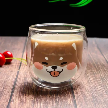  200 МЛ Корейски Красиви чаши Shiba-Ин Двойно Стъкло Чаша за закуска с мляко Kawai Карикатура на Чаша Кафе, Чай, Женски чаша за сок