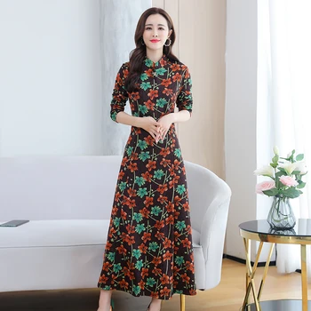  2020 Есенно-зимния женствена рокля с високо качество в Ретро стил, в китайски стил Елегантен подобряване на рокля Чонсам Модно жаккардовое дълга рокля