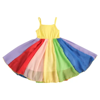  2021 Бебешка рокля-прашка цветове на дъгата за малки момичета без ръкави, с квадратна яка и висока талия Сарафан за лятото