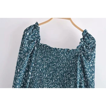  2021 Дамска мода с флорални принтом плиссированный съкратен топ с дълъг ръкав и квадратни деколтета Реколта дамски ризи, Шикозни блузи
