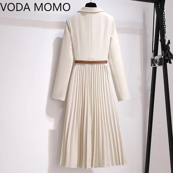  2021 Елегантен Корейски модерен женски костюм с ревери Фалшив рокля от две части +Пояс с Високо качество офис дама Дълги Реколта плисирани рокли