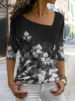  2021 Жените в Есенно-зимната Нова мода V-образно деколте с флорални принтом с дълги ръкави Ежедневни Свободна тениска Дамски градинска облекло Плюс Размер