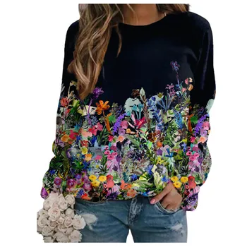  2021 Зимни дрехи Градиентный цветен принт Дамски блузи Есен с дълъг ръкав Ежедневни блузи, Модни дамски пуловери Свободен топ
