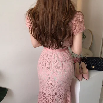  2021 Лятото женствена рокля от едно парче Елегантен и изискан офис дантелено рокля с риба опашка, Винтажное розова вечерна рокля Midi, дама