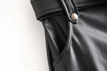  2021 Нова дамска мода Есен-зима плисирани поли от изкуствена кожа с завязками колан, дамски джобове с висока талия, Елегантна черна мини-плат за партита