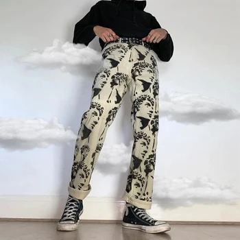  2021 Пролет Лято Ретро Портрет с принтом Директни дънкови панталони Мъжка мода Свободни Дънки Ежедневни мъжки дънкови панталони на Градинска облекло