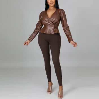  2021 Секси дамски горната риза от изкуствена кожа с V-образно деколте с дълъг ръкав Дамски елегантна къса блуза, Риза с копчета Дизайн на Офис дамски блузи