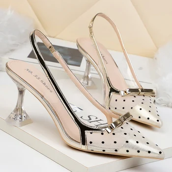  2022 Дамски сандали на висок ток 9,5 см/7 см, с остри пръсти, сандали с мрежесто каишка на сандали за партита, дамски обувки голям размер