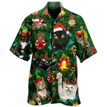  2022 Мъжки Коледни Коледни Хавайски плажни ризи в стил Дядо Коледа Ежедневни ризи на една пуговице с принтом Котка Блузи с къс ръкав Потник Camicias