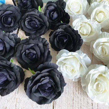  5 бр./лот много големи черни и бели отворен роза цветя на главата на изкуствени цветя за сватбената погребално декор коприна флорес