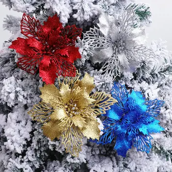  6 бр. 16 см Изкуствени Коледни Цветя Блясък Фалшив Цветя за Украса на Коледната елха весела Коледа Декорации за дома 2022 Нова Година
