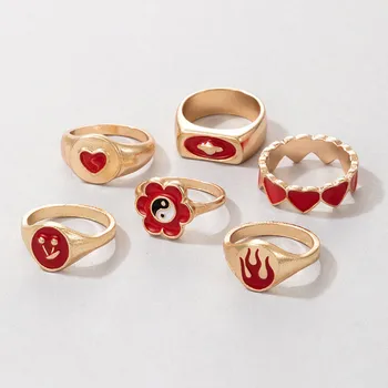  6 бр. Цветни пръстени във формата на сърце за жени Модерен Ретро комплект пръстени за момичета Златисто-червени годежни пръстени, Бельо просто пръстен върху пръста на Нова