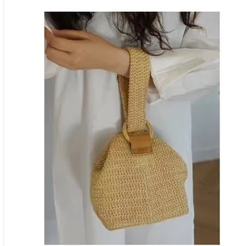  Alasir Сладък женски тъкани торби-кофи Чанта Малка квадратна чанта Лятната сламена чанта цвят Каки Мини Ежедневни чанти за почивка