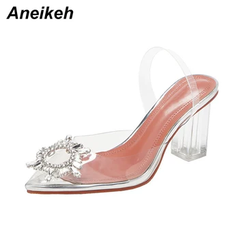  Aneikeh 2022 Планински кристал Слънцето цвете на Модни дамски сандали на ток с отворени пръсти от плексиглас, на висок ток, Сандали Дамски обувки за нощен клуб 42