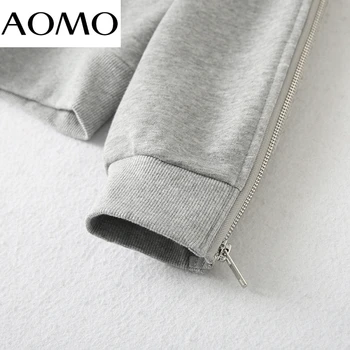  AOMO Дамска мода Светкавица Краси сиви качулки голям размер с дълъг Ръкав и кръгло деколте Свободни пуловери Дамски блузи YU109A