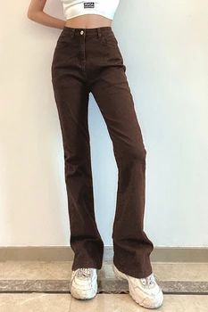  B-TOTO Кафяви Дамски дънки с висока талия с драпировкой Женски гамаши Разкроена панталони от чист памук 2021 Нова мода
