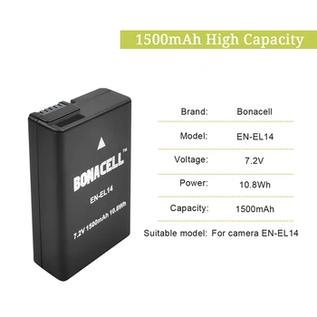  Bonacell За Nikon EN-EL14 EN-EL14 Литиево-йонна Батерия Акумулаторна батерия за D3100 D3200 D3300 D5100 D5200 P7100 P7700 P7800