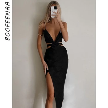  BOOFEENAA Елегантни и секси черни рокли за жените 2021 Вечерни клубни тоалети с дълбоко V-образно деколте, Дебнещ рокля с цепка отстрани C83-CZ24