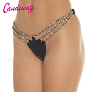  Candiway За жени Секси Екзотични Кожени бикини-веригата бельо Прашки Регулируем ремък Дрънкулки Черен