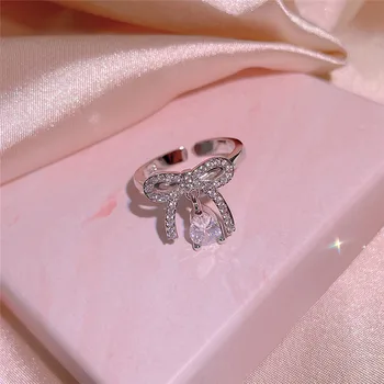  CC Романтични пръстени за жени Регулируема Комплект пръстени от сребро 925 проба и Аксесоари за партита Дизайн лък Сладки Изискани бижута CC3236