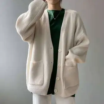  CGC 2021 Ретро женски жилетка с V-образно деколте, вязаный пуловер, есенно-зимно дамско яке, палто с дълъг ръкав, женски жилетка голям размер
