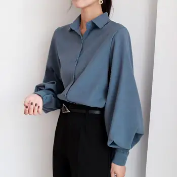  Deeptown Елегантна риза Дамска блуза с ръкав фенерче копчета Извънгабаритни Офис дами Есен 2021 Модни реколта върховете Soild