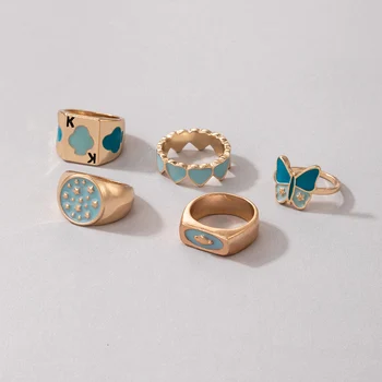  Docona 5 бр./компл. Модни пръстени-пеперуди със синьо сърце за жени от Пънк Игра на карти, Сбрасывающие Пръстен с масло, Комплект бижута за партита пръстени 19910