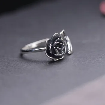  FNJ Винтажное пръстен с цветя, Рози Сребро 925 проба Нова мода Оригинални Пръстени от сребро S925 за жени, Бижута Регулируем размер