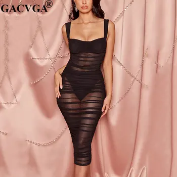  GACVGA Двухслойное секси дълга рокля midi за жени без ръкави, с квадратни деколтета и рюшами, сетчатое черно лятна рокля 2020 г., клубна облекло за партита