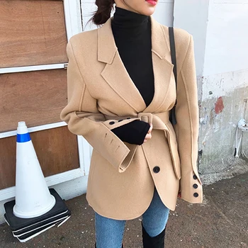  GALCAUR Корейската мода Ежедневни Блейзери за жени и яка с дълъг ръкав Колан Обикновен Дамски палта есен облекло Стил 2021