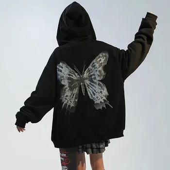  Hoody с качулка на цип Градинска дрехи за жени Y2K Хип-хоп с шарени пеперуди Черно палто за Есен облекло 2021 Новата есенна облекло Crewneck 2000-те Козметична