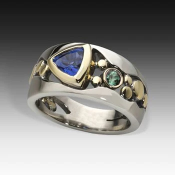  Huitan Винтажное пръстен с куха лента Вечерни Аксесоари за танцово парти Зелен камък Доброто два цвята Пръстени, Бижута за подарък на майка си