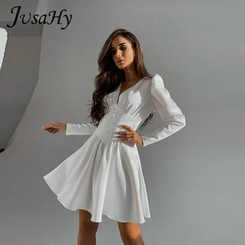  JuSaHy Елегантна однотонное мини рокля трапецовидна форма за жени, модерно рокля с висока талия, украшенное бутони с V-образно деколте и дълги ръкави, вечерна градинска облекло