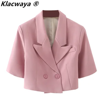  Klacwaya Жена 2021 На Пролетта И Лятото Новата Жена На Ревера С Къси Ръкави Свободен Кратък Розово Малък Яке