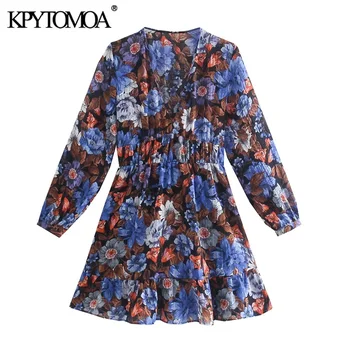  KPYTOMOA Дамска мода Цветен принт накъдрен мини рокля Реколта с дълъг ръкав Еластичен колан Дамски рокли Vestidos Mujer