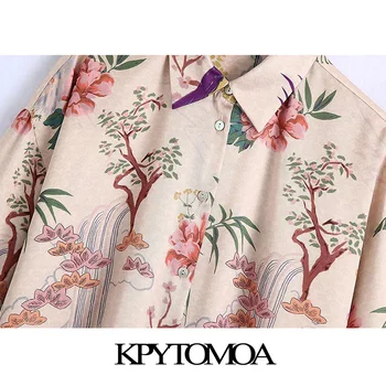 KPYTOMOA Дамска мода Цветен принт Свободни Асиметрични блузи Реколта с дълъг ръкав копчета Дамски ризи Blusas Шик върховете
