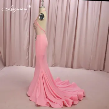  Leeymon Розови вечерни рокли на Русалка 2020 Шифоновый halter с V-образно деколте, Секси бисерный Vestido De Феста Дълга вечерна рокля с отворен гръб