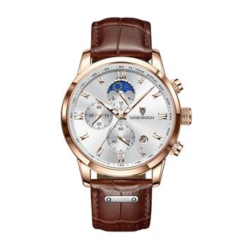 LIGE Дизайн на Мъжки часовници Най-добрата марка Луксозни Часовници, Ежедневни мъжки часовник Кожена фаза на Луната Мъжки кварцов часовник Relogio Masculino+Кутия