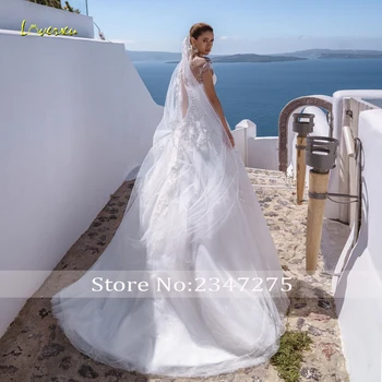  Loverxu Бляскава Прости сватбени рокли 2022 Сладка шапчица с къс Ръкав на Сватбена рокля Дантелени апликации Трапециевидное плажна рокля на булката