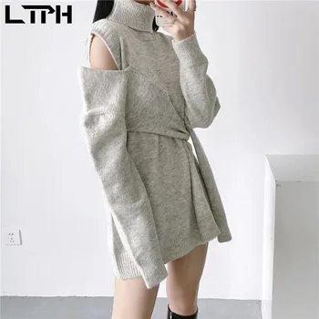  LTPH корейската мода пуловер с висока воротом за жени темперамент без презрамки с регулируема талия превръзка фини трикотажни скок 2021 есен нова