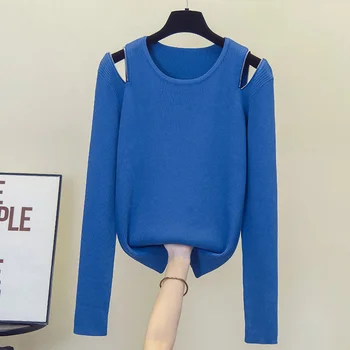  Nkandby Плюс Размера на Възли пуловери Женски 2021 Есен Зима Корейски тънки скок с цип с открити рамене Обикновена Основни върхове