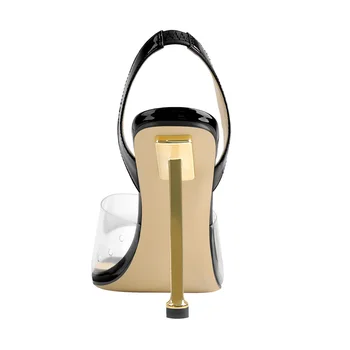  Onlymaker Лаконичен летни сандали без обков с квадратни пръсти на висок метален ток на висок ток с гумена лента от черна лачена кожа PVC 2021 Мода
