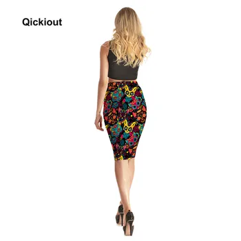  Qickitout Поли 2017 Модни дамски секси 3D поли Чудовище Сладък Заек Цветя с висока талия Пакет Бедрата Пола Saia Midi Plus Размер
